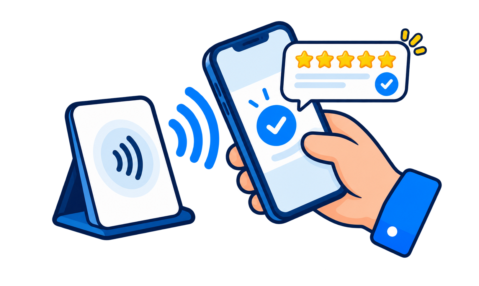 Cartoon of a phone tapping an NFC review stand and opening a five-star review