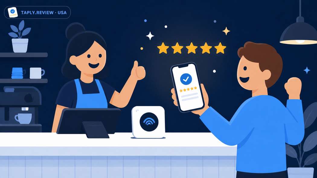 Happy customer and cashier celebrating a five-star Taply review